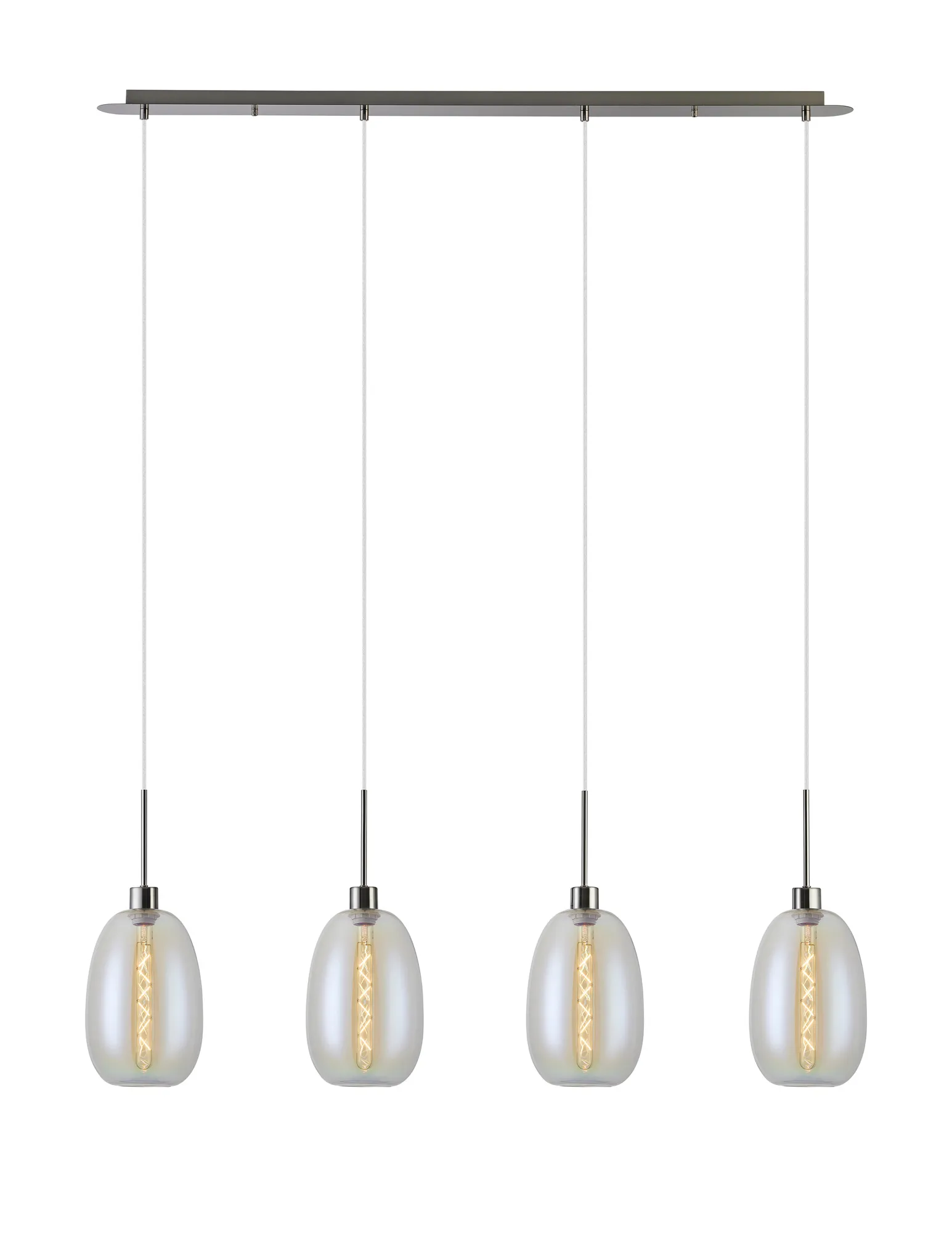 DK1403  Lori Linear Pendant, 4 Light Adjustable E27, Satin Nickel/Iridescent Slim Curved Trapezium Shades